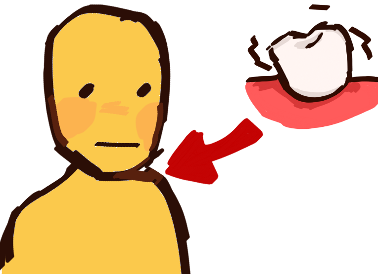 a person next to a  tooth tilted to the left in pink gums with wobbly lines around it with an arrow pointed toward them